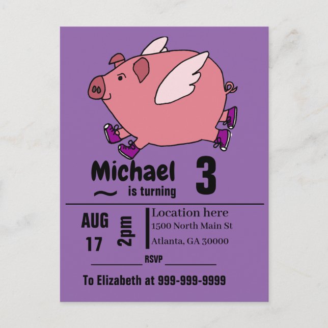Invitation Carte Postale Fantaisie Volant Cochon fête d'anniversaire (Devant)