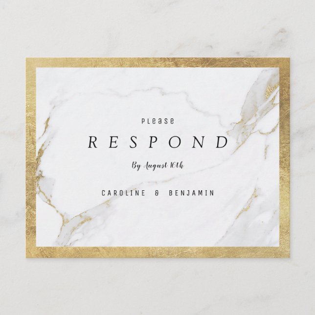 Invitation Carte Postale Faux or foin marbre luxe mariage moderne RSVP (Devant)