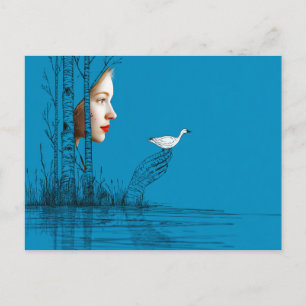 Invitation Carte Postale Femme et oie des neiges, art linéaire minimaliste