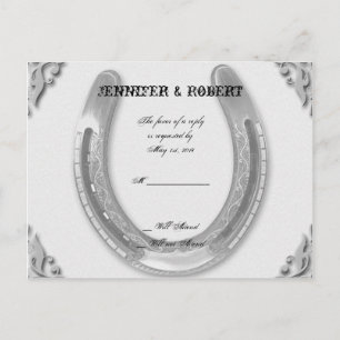 Invitation Carte Postale Fer à cheval argenté sur RSVP l'épousant blanc