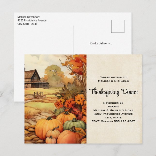 Invitation Carte Postale Ferme citrouille automne récolte Thanksgiving (Devant / Derrière)