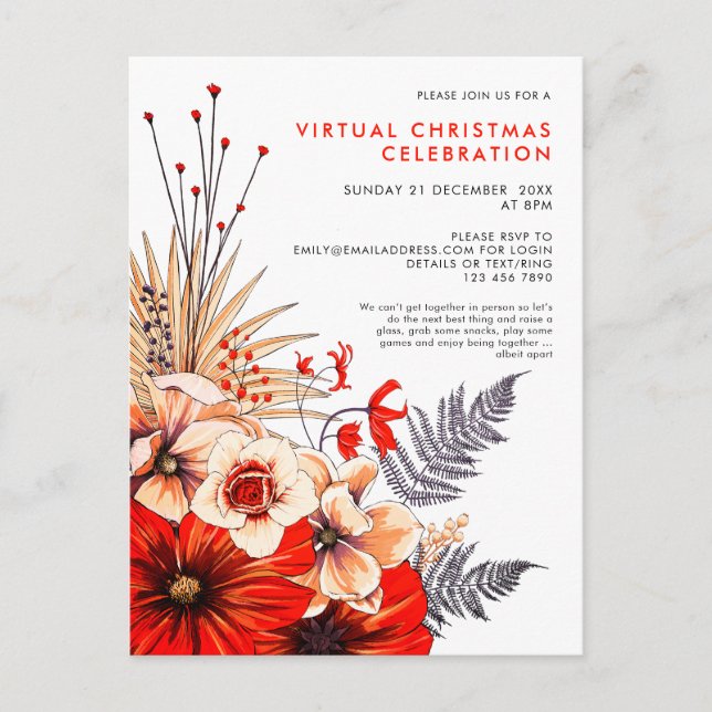 Invitation Carte Postale Festif Floral Foliage Berries Crème rouge Noël (Devant)