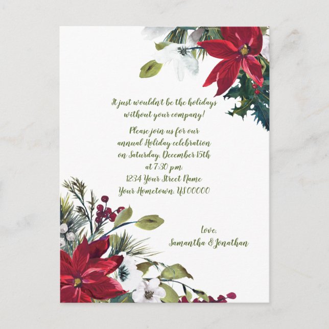 Invitation Carte Postale Festive Poinsettias Holly Berries Noël (Devant)