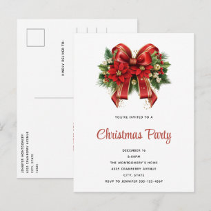 Invitation Carte Postale Festive Red and Gold Christmas Bow Party