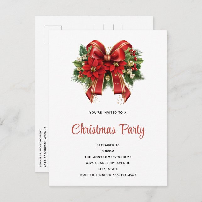Invitation Carte Postale Festive Red and Gold Christmas Bow Party (Devant / Derrière)