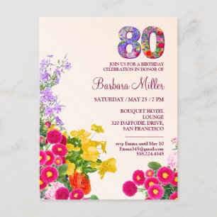 Invitation Carte Postale fête 80e anniversaire floral moderne 80 ans fête