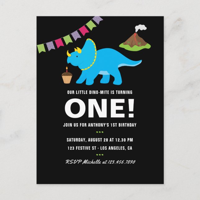 Invitation Carte Postale Fête à thème Dinosaure 1er Anniversaire noir et bl (Devant)