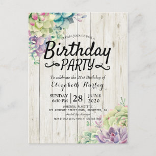 Invitation Carte Postale Fête Anniversaire Moderne Succulent Plante Bois ru