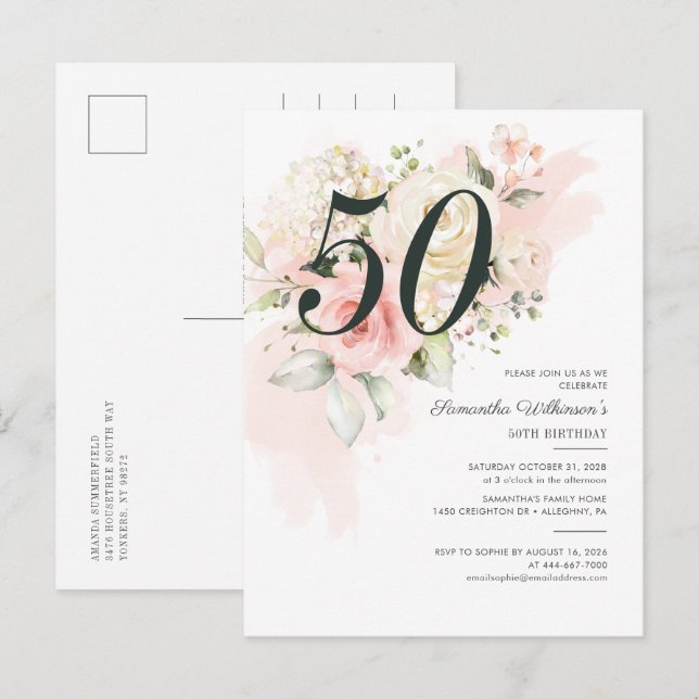 Invitation Carte Postale Fête botanique pour les 50 ans, Rose floral (Devant / Derrière)