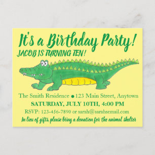 Invitation Carte Postale Fête d'anniversaire Alligator Crocodile jaune vert