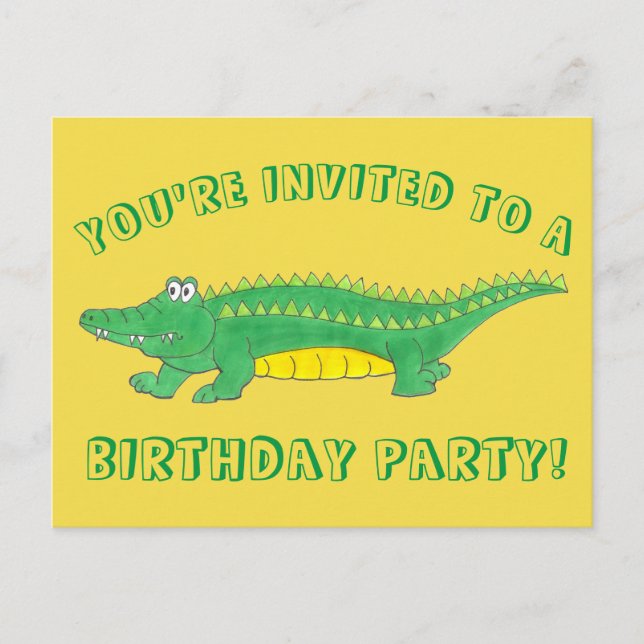 Invitation Carte Postale Fête d'anniversaire Alligator Crocodile Vert Jaune (Devant)