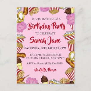 Invitation Carte Postale Fête d'anniversaire aux nourritures foraines de Ca