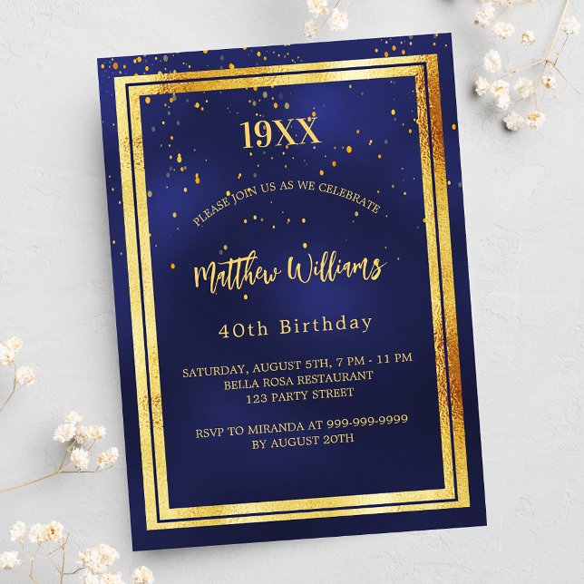 Invitation Carte Postale fête d'anniversaire bleu or année naissance (Créateur téléchargé)