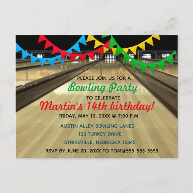 Invitation Carte Postale Fête d'anniversaire de Bowitable Alley Lane (Devant)