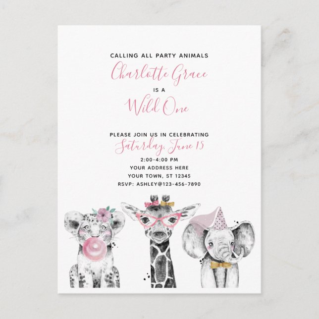 Invitation Carte Postale Fête d'anniversaire de la fille noire blanche rose (Devant)