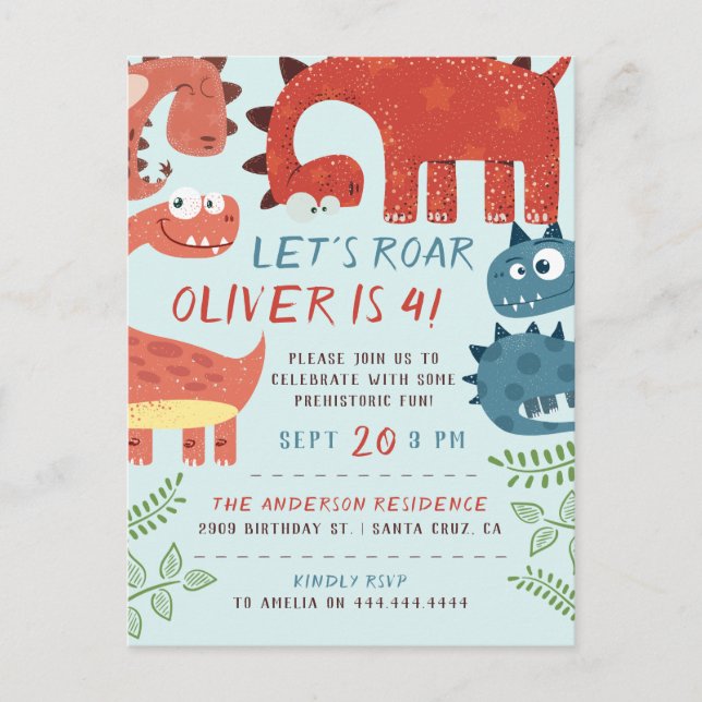 Invitation Carte Postale Fête d'anniversaire de Roar Dino (Devant)