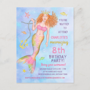 Invitation Carte Postale Fête d'anniversaire de Sirène sous le sébaste de S