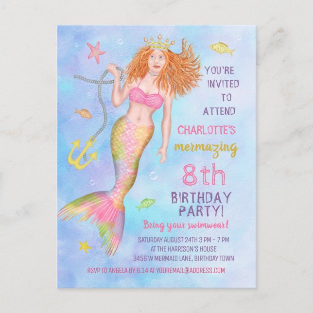 Invitation Carte Postale Fête d'anniversaire de Sirène sous le sébaste de S (Devant)
