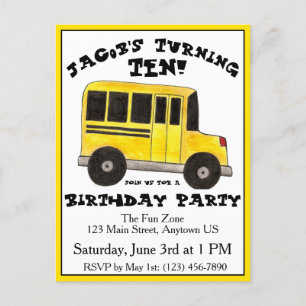Invitation Carte Postale Fête d'anniversaire d'enfant dans un grand bus sco