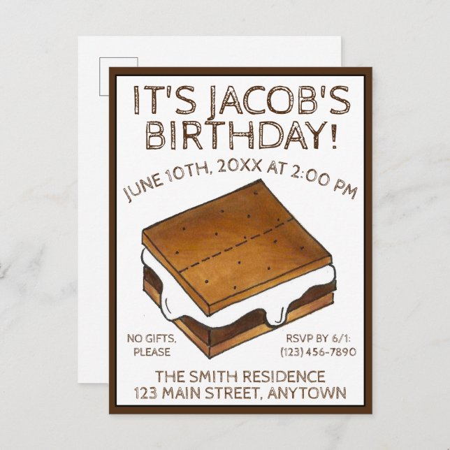 Invitation Carte Postale Fête d'anniversaire des Marshmallow S'mores au feu (Devant / Derrière)