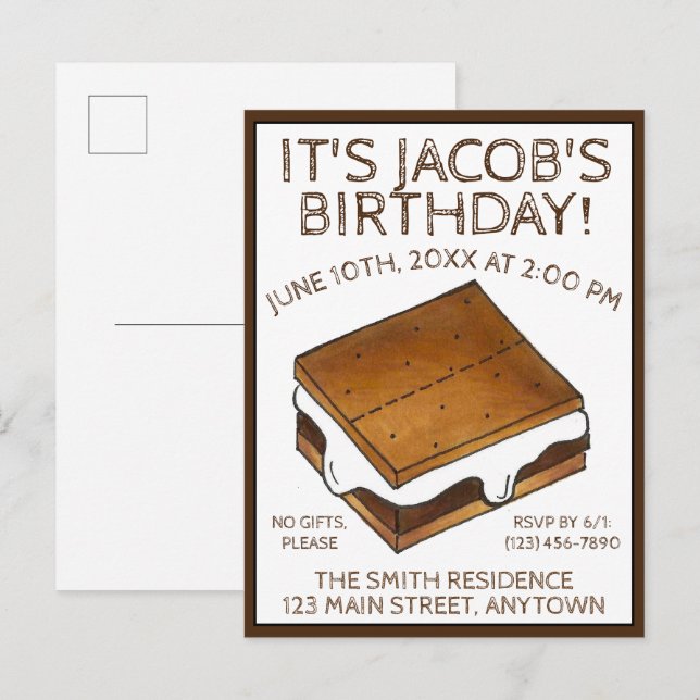 Invitation Carte Postale Fête d'anniversaire des Marshmallow S'mores de feu (Devant / Derrière)