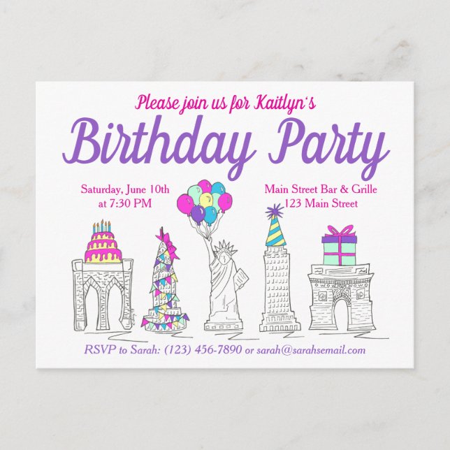 Invitation Carte Postale Fête d'anniversaire des monuments de New York City (Devant)