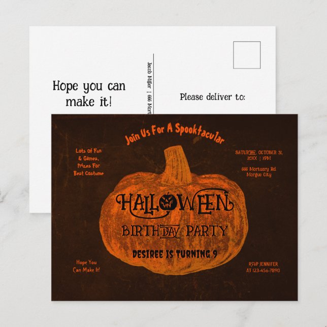 Invitation Carte Postale Fête d'anniversaire d'Halloween Citrouille orange (Devant / Derrière)