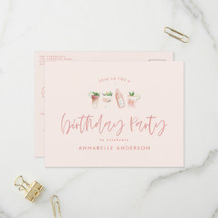Invitation Carte Postale Fête d'anniversaire élégante à cocktails roses