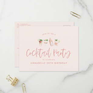 Invitation Carte Postale Fête d'anniversaire élégante à cocktails roses