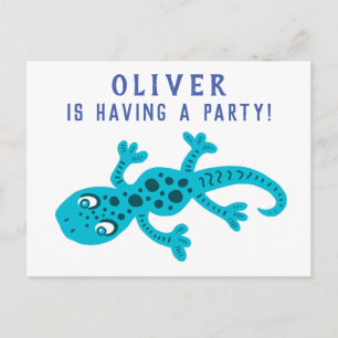 Invitation Carte Postale Fête d'anniversaire enfant bleu lézard gecko migno