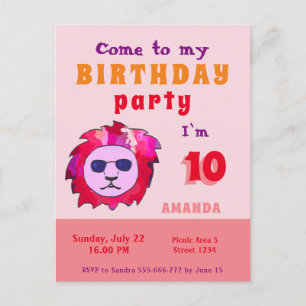 Invitation Carte Postale Fête d'anniversaire enfant Lion Rose Cool