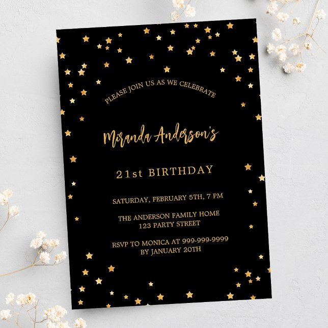 Invitation Carte Postale Fête d'anniversaire étoiles noires or (Créateur téléchargé)