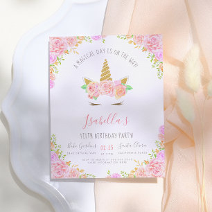 Invitation Carte Postale Fête d'anniversaire licorne avec paillettes dorées