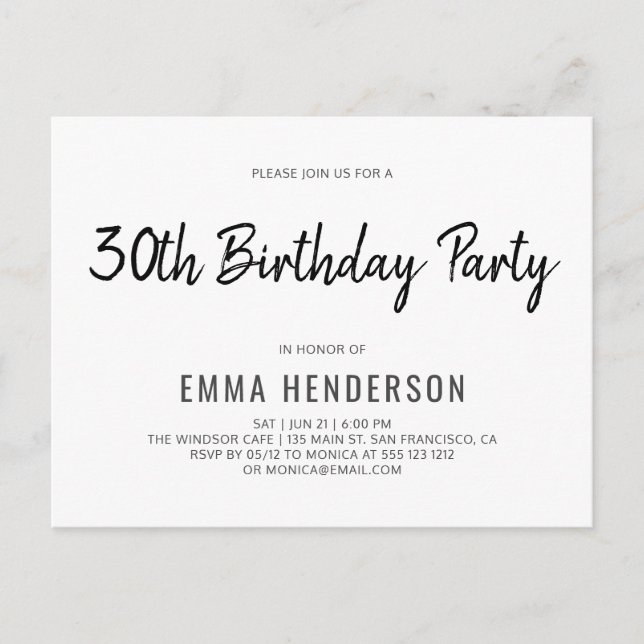 Invitation Carte Postale Fête d'anniversaire moderne simple brosse 30e (Devant)