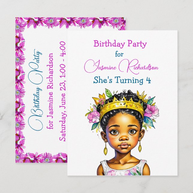Invitation Carte Postale Fête d'anniversaire personnalisée Princesse de cou (Devant / Derrière)