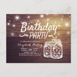 Invitation Carte Postale Fête d'anniversaire Rustic Wood Mason Jar String l