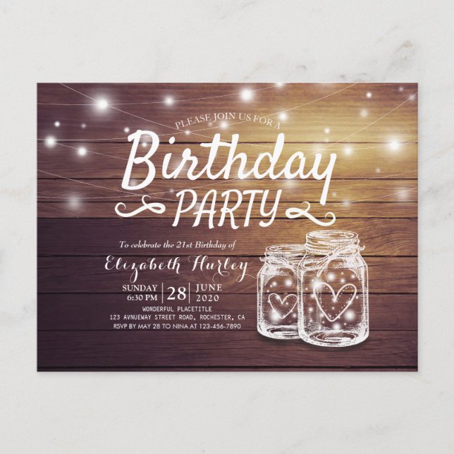 Invitation Carte Postale Fête d'anniversaire Rustic Wood Mason Jar String l (Devant)