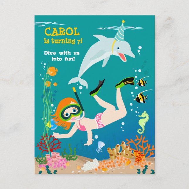 Invitation Carte Postale Fête d'anniversaire sous-marine dauphins et fille (Devant)