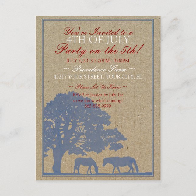 Invitation Carte Postale Fête de 4 juillet Russe Horse Farm (Devant)
