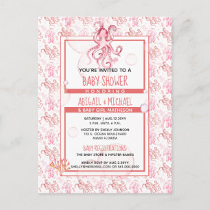 Invitation Carte Postale Fête de Bébé Fille Corail Rose Pieuvre Vie Océaniq
