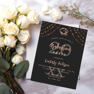 Invitation Carte Postale Fête de fin d'études rose noire étoiles dorées ann