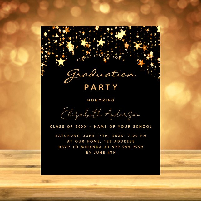 Invitation Carte Postale Fête de graduation étoiles d'or noir (Créateur téléchargé)