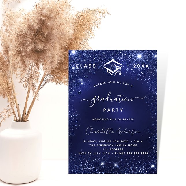 Invitation Carte Postale Fête de graduation navy bleu scintillants (Créateur téléchargé)