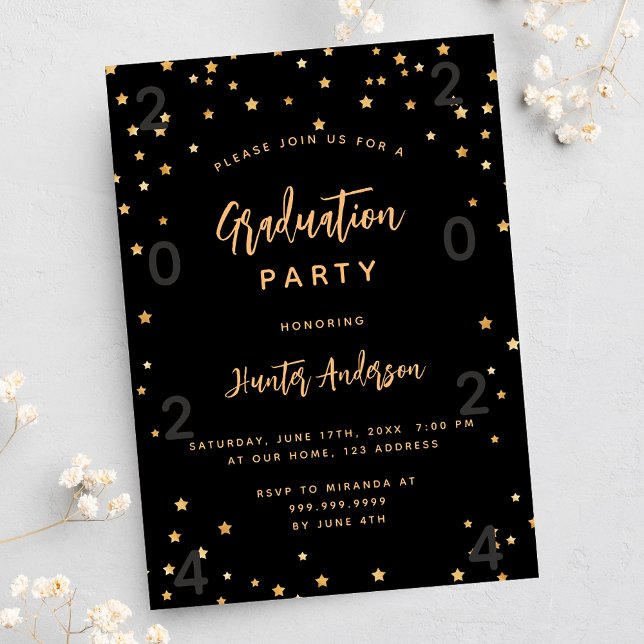 Invitation Carte Postale Fête de graduation noir étoile d'or année (Créateur téléchargé)