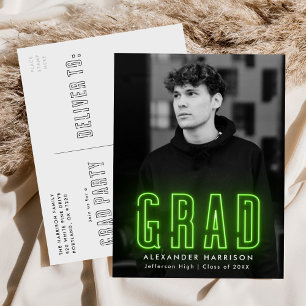Invitation Carte Postale Fête de graduation photo moderne Lime Green Neon