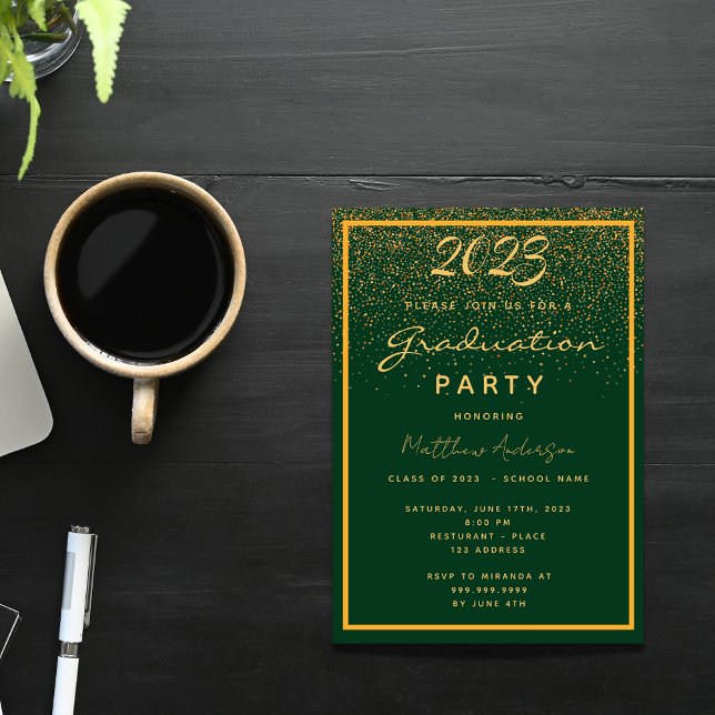 Invitation Carte Postale Fête de graduation vert or confetti 2025 (Créateur téléchargé)