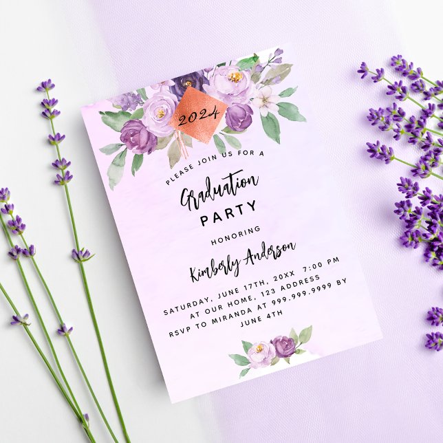 Invitation Carte Postale Fête de graduation violette fleurs violet (Créateur téléchargé)