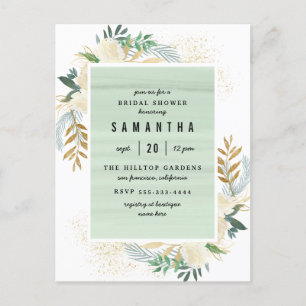 Invitation Carte Postale Fête de la mariée florale élégante d'or et