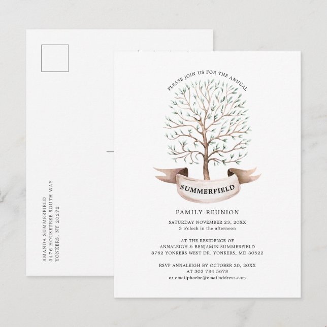 Invitation Carte Postale Fête de l'arbre généalogique de la réunion familia (Devant / Derrière)