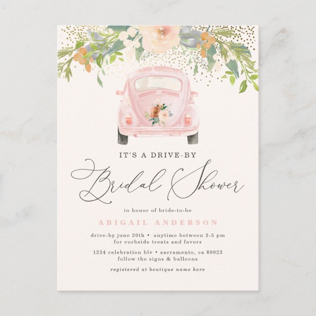 Invitation Carte Postale Fête de mariage en voiture avec fleurs aquarelles  (Devant)